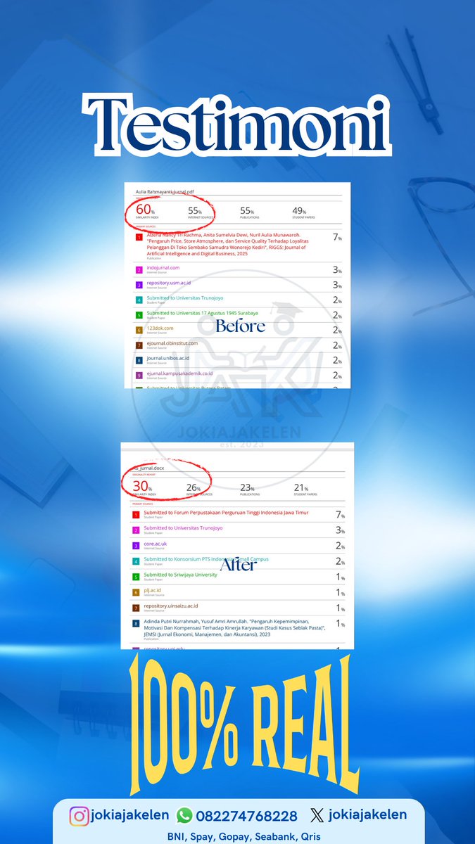 jokiajakelen2's tweet photo. Yuk yang mau joki parafrase atau turunin plagiasi, start 4k/% yaa, tergantung jumlah halaman. Pengerjaan manual, tanpa trik simbol, tanpa manipulasi, real human 🤩 Free cek Turnitin di akhir kalau hasilnya >5%. Testi lainnya ada di bio yaaw✨

#zonauang #jokitugas https://t.co/j6NQLc1bP1