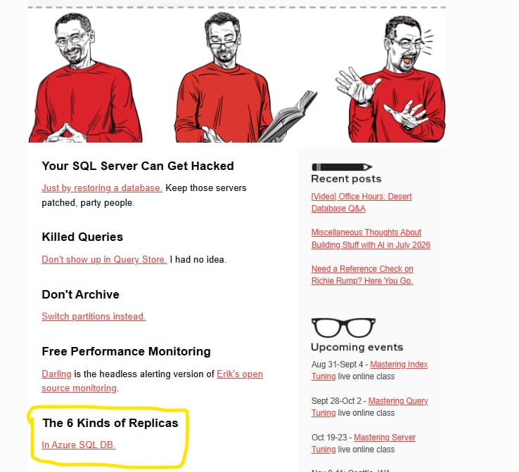 SachinTheITGuy's tweet photo. Most of what I know about SQL Server, I learned from @BrentO . Never met him.
His blog. His YouTube sessions. Years of it, free.
This week one of my articles turned up in his newsletter.
Small thing to most. Not to me.
#sqlhelp https://t.co/MJfP0eDkwK