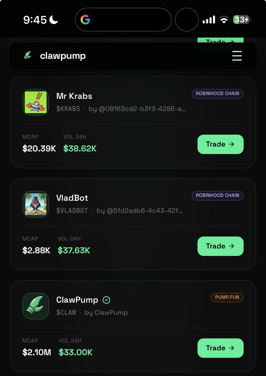 clawpumptech's tweet photo. After just a few hours of deployment on @RobinhoodCrypto chain we got a few nice projects going

- the first agentic RWA trader in robinhood chain is @MrKrabsLLM
- the Metaplex agentic red claw is trending

excited to see more experimentation soon! https://t.co/Lg3XZ8dizW