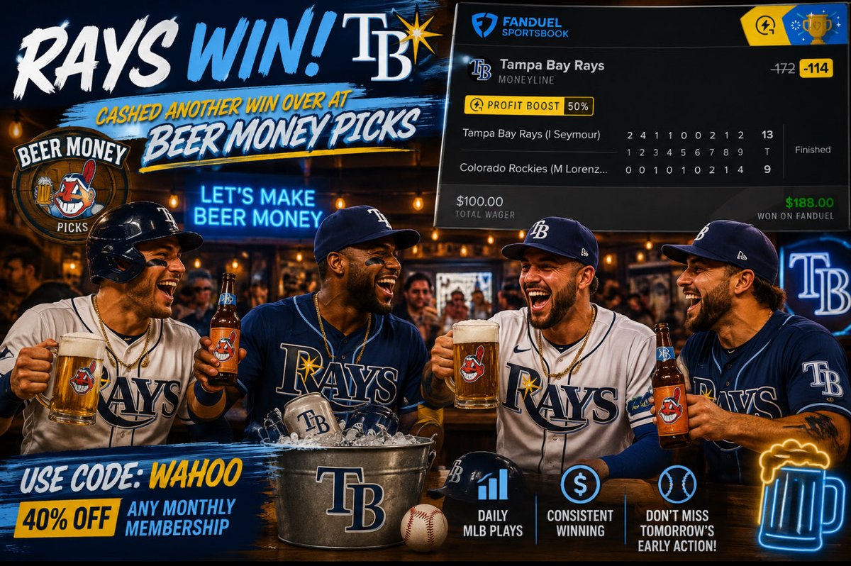 Chief_Wahoo10's tweet photo. Y’all, another PROFITABLE DAY over at @BeerMoneyyPicks! 🍺💰📈

✅ Rays ML

We got the job done today, but tomorrow’s MLB slate is looking EVEN BETTER. 👀🔥

Don’t sit on the sidelines and miss the action — plays will be dropping early!

🍺 Use Promo Code: WAHOO 💥 Get 40% OFF Any Monthly Membership 📈 Daily MLB Plays 💸 Consistent Winning ⚾ Don't Miss Tomorrow's Early Action!