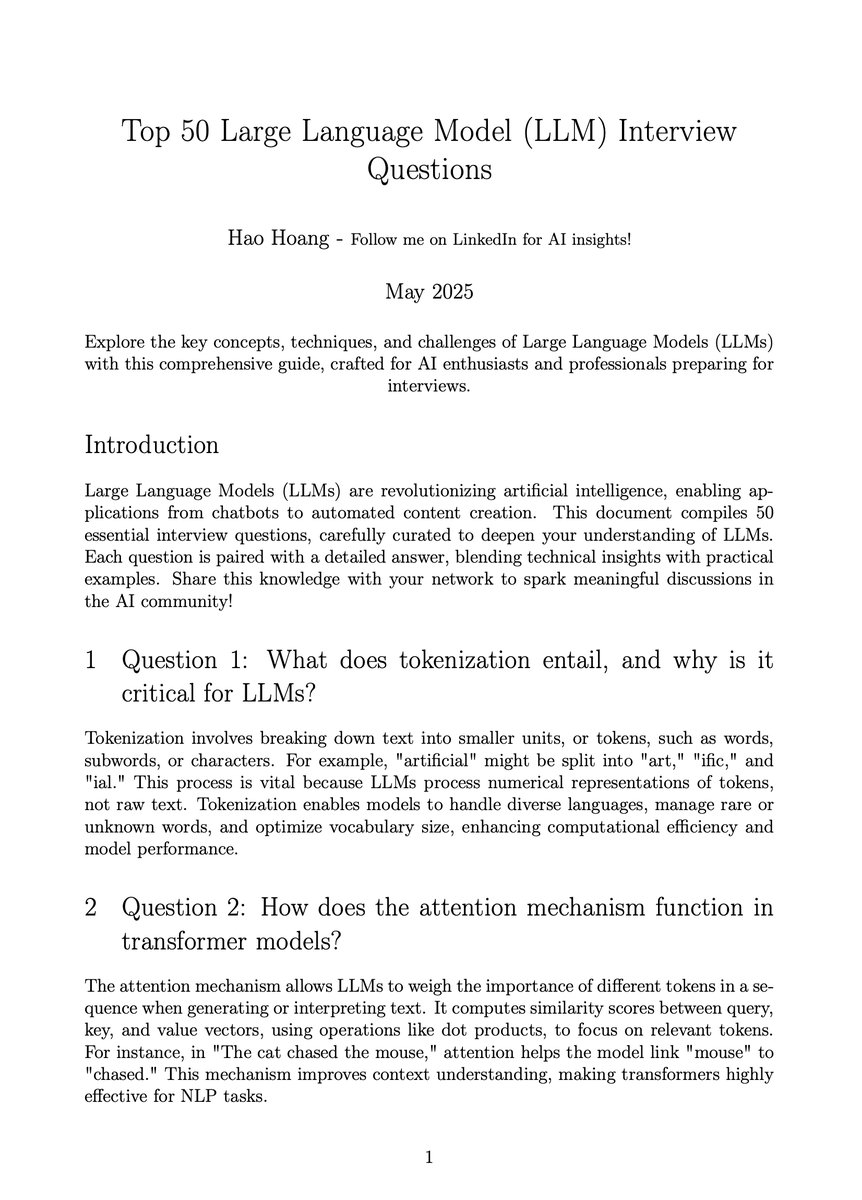 techNmak's tweet photo. These are literally the kind of LLM interview questions most candidates wish they had seen earlier.

A curated list of 50 LLM interview questions - shared by Hao Hoang.

What's covered:

Fundamentals:
→ Tokenization and why it matters
→ Attention mechanisms in transformers
→ Context windows and their tradeoffs
→ Embeddings and initialization
→ Positional encodings

Fine-tuning & Efficiency:
→ LoRA vs QLoRA
→ PEFT to prevent catastrophic forgetting
→ Model distillation
→ Adaptive Softmax for large vocabularies

Generation & Decoding:
→ Beam search vs greedy decoding
→ Temperature, top-k, top-p sampling
→ Autoregressive vs masked models

Advanced Concepts:
→ RAG (Retrieval-Augmented Generation)
→ Chain-of-Thought prompting
→ Mixture of Experts (MoE)
→ Knowledge graph integration
→ Zero-shot and few-shot learning

Math & Theory:
→ Softmax in attention
→ Cross-entropy loss
→ KL divergence
→ Gradient computation for embeddings
→ Vanishing gradient solutions in transformers

I will put the link in the comments.