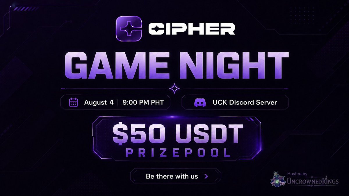 UncRown3DKinGs's tweet photo. 🚨 CIPHER GAME NIGHT IS HAPPENING TODAY!

UncrownedKings × @gociphergg are bringing you a night of games, competition, and community fun. 👑🎮

Cipher is an AI-powered platform where creators can build, stream, and sell games. Tonight, we’ll be playing a variety of Cipher-created games and competing for a share of the $50 USDT prize pool! 🏆

📅 August 4, 2026
⏰ 9:00 PM PHT
📍 https://t.co/b0GwG6sk5B

Bring your friends, bring your skills, and be there with us tonight!

#Cipher #UncrownedKings