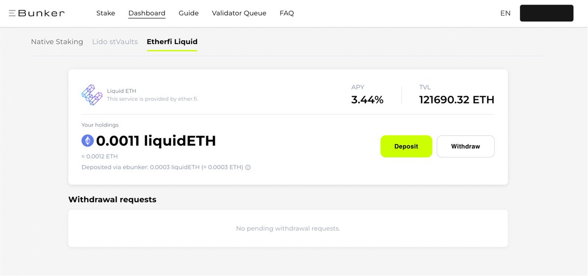 ebunker_eth's tweet photo. 📊 Manage your position from the Ebunker dashboard.

https://t.co/lJ3BHj19kP

After a deposit is completed, users can monitor their Liquid ETH balance, track deposits made through Ebunker, and manage withdrawal requests from a single interface. https://t.co/reh1iRqWpY