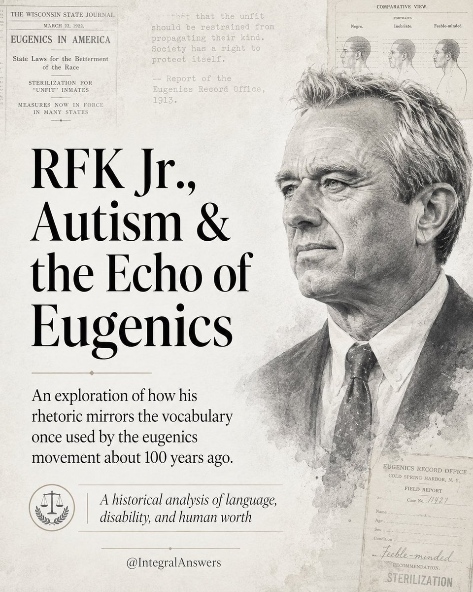 IntegralAnswers's tweet photo. Intro:
For more than 20 years, RFK Jr. has described autism through the language of catastrophe, burden, lost productivity and national decline.
Those words have a history.
A thread examining how his rhetoric echoes the vocabulary of America’s eugenics movement—and why that should concern us all. 🧵