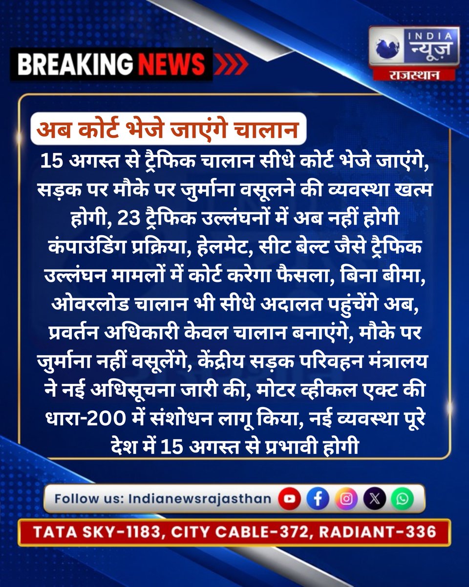 raj_indianews's tweet photo. 15 अगस्त से ट्रैफिक चालान सीधे कोर्ट भेजे जाएंगे
#Jaipur #JaipurNews #Rajasthan #RajasthanNews #BreakingNews #LatestUpdates #Chalan #trafficawareness #TrafficSafety #CourtHearing #TrafficRule @jaipur_police @PoliceRajasthan @RajGovOfficial @karantiwaribki https://t.co/kwSbNYzeYy