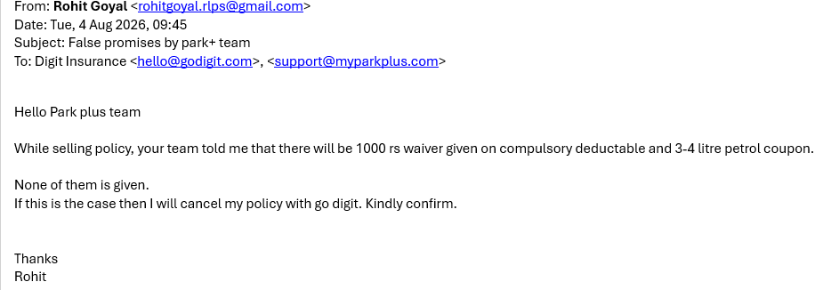 rohitgoyal08may's tweet photo. @parkplus_io @getparkplus @IGodigit  Kindly help:

While selling policy, your team told me that there will be 1000 rs waiver given on compulsory deductable and 3-4 litre petrol coupon.
None of them is given. https://t.co/IqEJhkFTCj