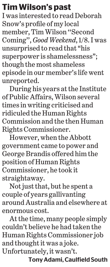 hpglassford's tweet photo. Letter in today's Age, here's something rarely mentioned about Tim Wilson.
#auspol https://t.co/gOgNYjQtPy