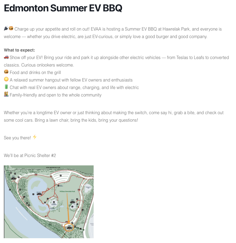 PluginAlberta's tweet photo. Charge up your appetite and roll on out! EVAA is hosting a Summer EV BBQ at Hawrelak Park, and everyone is welcome — whether you drive electric, are just EV-curious, or simply love a good burger and good company.

https://t.co/Wfov1GmSNF
@TOCAlberta https://t.co/MIJx441aX9