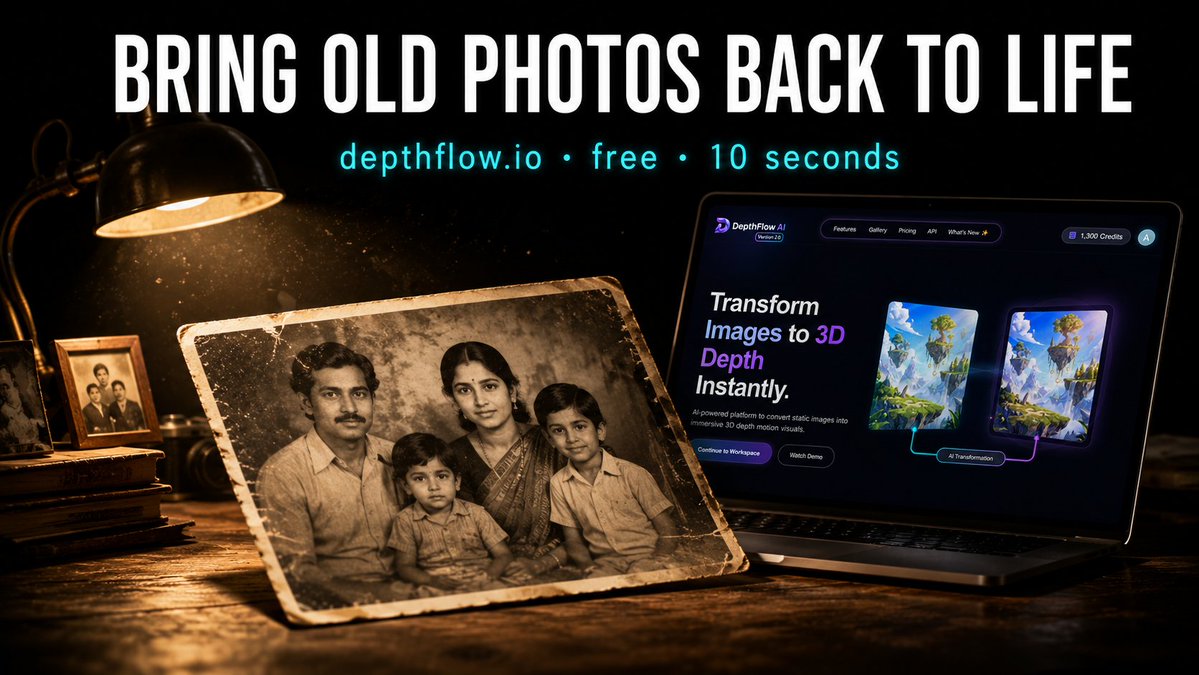 depthflow_ai's tweet photo. Underrated use of DepthFlow:

Scan an old family photo → run it through https://t.co/4BPNKaBp1X → suddenly a 30-year-old memory has depth and motion.

Send it to your parents. Watch their reaction.

Free. 10 seconds. 🌊

#DepthFlow #AITools #FamilyPhotos https://t.co/qsQTFKv6mW