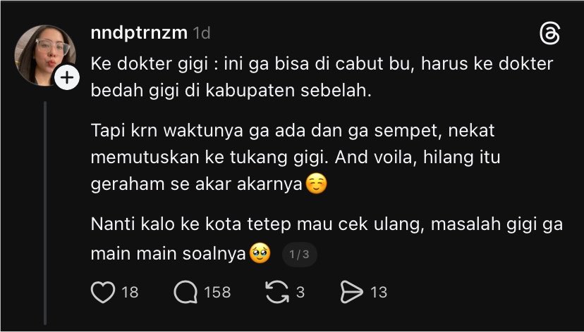 frealluv___'s tweet photo. eh anjir ada yg malah percaya sama tukang gigi kocak. segala dishare di thread. haduh ga ngerti lah sm orang orang di indo ini. gak presiden, ga warga, kok ya podoo aee https://t.co/99b82yqZMM