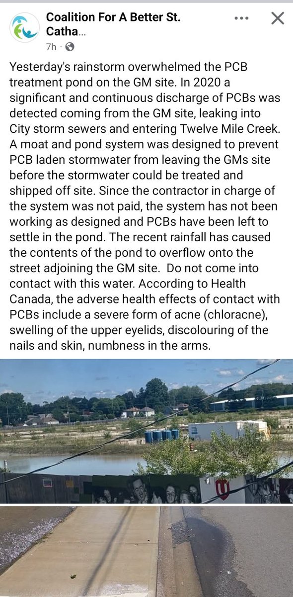 whatdoesntkillu's tweet photo. Jfc. The flood caused the PCB containment system at the former GM site in downtown StC to fail. 

PCBs are leaking into the Twelve Mile Creek. 

Crickets from @fordnation Minister of the Environment @ToddJMcCarthy.

#DougFordIsCorrupt #FordNationIsCorrupt #WaterIsLife https://t.co/oqKy3eQzSZ
