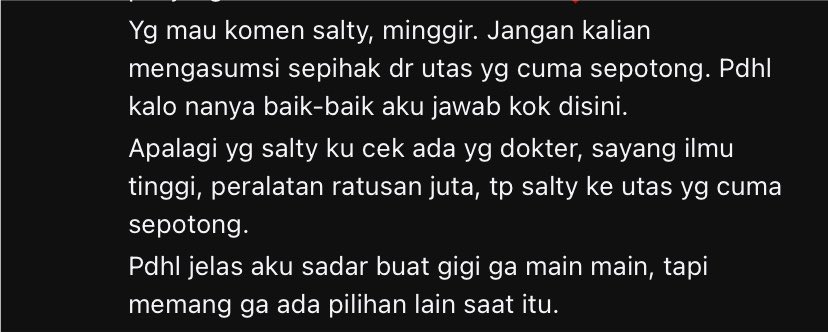 frealluv___'s tweet photo. playing victim cokk. woi drg yg komen salty tuh udah gemes bgt sm modelan kaya kamu-_- orang kalo sadar gigi ga main main itu ya ke dokter gigi jancok-_- mana gabisa direply si kocak https://t.co/Y6963rnEkM