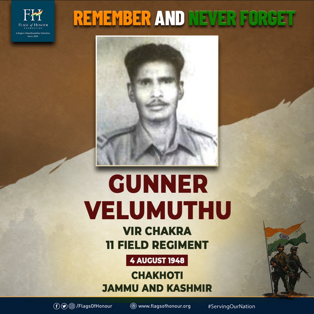 FlagsOfHonour's tweet photo. Gunner Velumuthu, Vir Chakra, 11 Field Regiment, made the supreme sacrifice on 4 August 1948 in the Chakhoti sector, J&amp;K, while continuing to engage the enemy despite being grievously injured.

#RememberAndNeverForget his extraordinary courage &amp; unwavering commitment. https://t.co/RlqM2ylur7