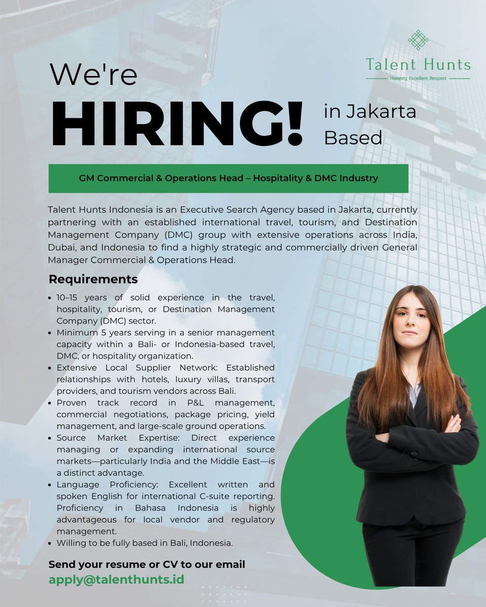 TalentHunts's tweet photo. We’re Hiring! GM Commercial & Operations Head – Bali Based
📍 Location: Bali, Indonesia
🏭 Industry: Hospitality & DMC Industry
📩 Apply now: Send your CV to anggito@talenthunts.id
🌐 More info: https://t.co/QzgMeXDOuv
#TalentHuntsIndonesia #GeneralManager #OperationsHead https://t.co/KM04e2vhkD