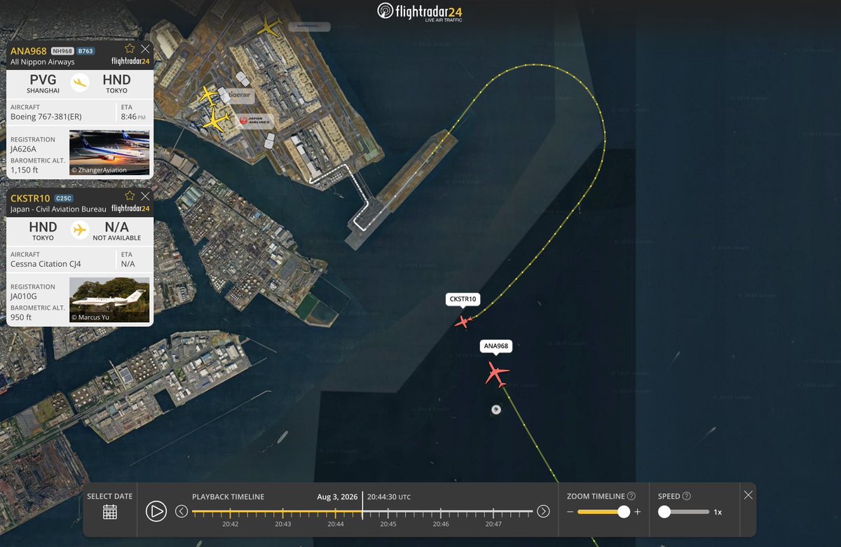 flightradar24's tweet photo. Earlier today in Tokyo, a CAB CitationJet crossed in front of an ANA 767 on approach to Haneda, triggering a TCAS RA. The ANA flight climbed for a go-around. ADS-B data shows closest lateral distance of ~0.776 mi with vertical separation of ~100 ft.
https://t.co/v4sIfHoAF2 https://t.co/cOMD4A5hhZ