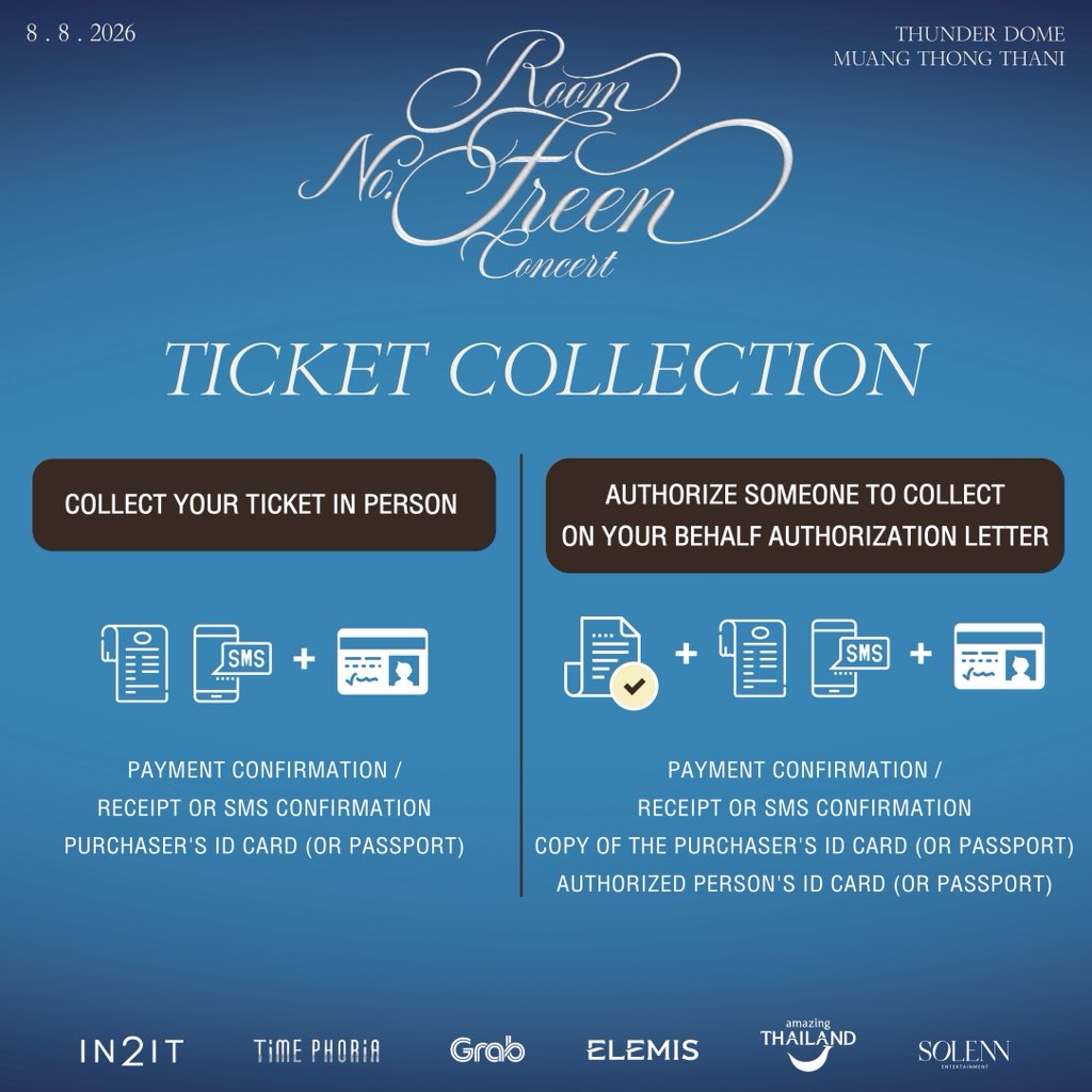 Solenn_Ent's tweet photo. Friendly reminder! Please prepare your documents for ticket collection 💖🎟️

ROOM NO. FREEN CONCERT
8 August 2026 | 5:00 PM
Thunder Dome, Muang Thong Thani

#RoomNumberFreen
#InTheFreenRoom
#solennEntertainment #srchafreen‌ 

-----

Live Streaming Tickets Available at...
🎫 ALL TICKET & 7-Eleven Counter Service