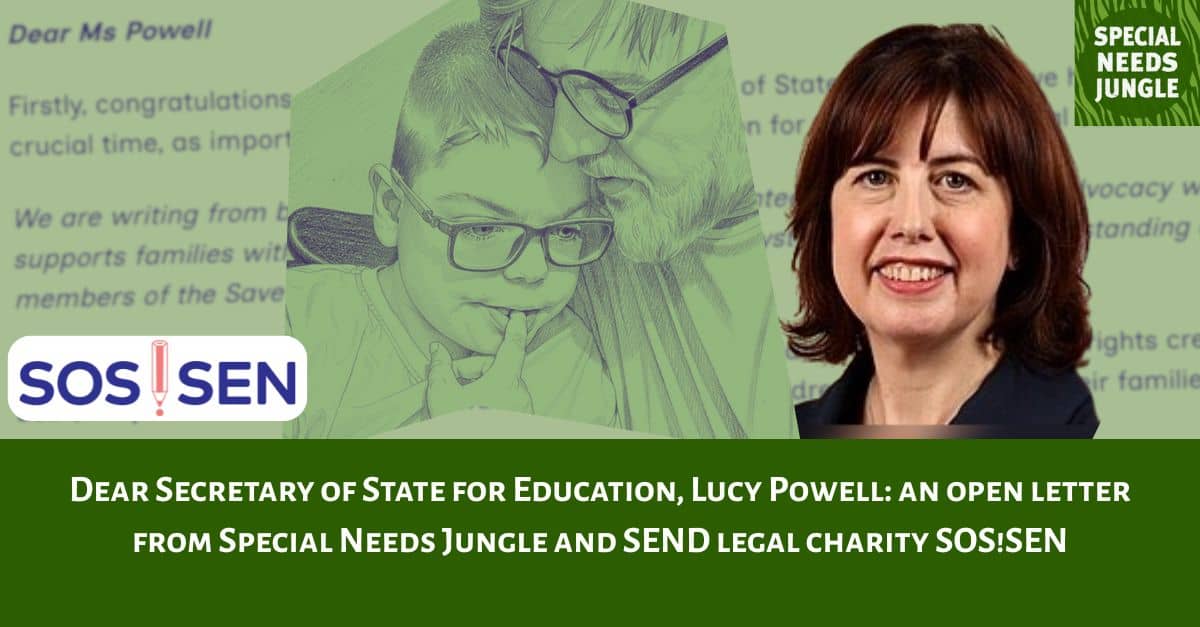 SpcialNdsJungle's tweet photo. NEW POST: Dear Lucy Powell: A joint open letter from us at Special Needs Jungle and SEND legal charity @sos_sen to @educationgovuk Secretary @LucyMPowell about the #SENDreform proposals:
https://t.co/xGPRGVE3sO https://t.co/SpMfa9eFLn