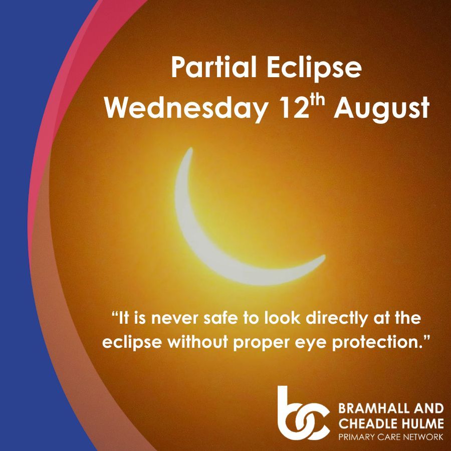 BandCHPCN's tweet photo. On Wednesday 12 August 2026, a partial solar eclipse will be visible across the UK. Looking directly at the Sun without the right protection can cause permanent damage to your eyesight.  

Follow this link for tips on how to enjoy the eclipse safely.
https://t.co/ErYizRSP6d https://t.co/j4UeBbPMzJ