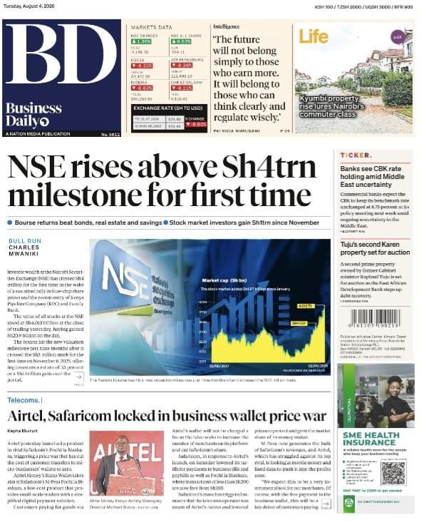 NSE_PLC's tweet photo. The @NSE_PLC  has officially surpassed Kshs. 4 trillion in market capitalization, a historic milestone that underscores the remarkable transformation of Kenya’s capital markets. 

Anchored on the NSE’s 2025–2029 Strategic Plan, this achievement reflects growing investor confidence, a strong listings pipeline, increased domestic participation, product innovation, and sustained market momentum.

 It is a powerful testament to our strategy of deepening Kenya’s capital markets, expanding investment opportunities, and positioning the NSE as one of Africa’s leading and most dynamic exchanges.