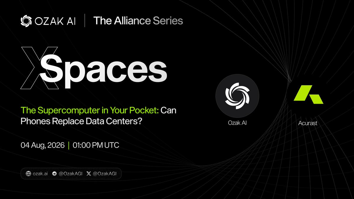 OzakAGI's tweet photo. The Supercomputer in Your Pocket: Can Phones Replace Data Centers? 🎙️

Every AI conversation eventually hits the same wall: all of it runs on massive data centers owned by a handful of companies. @Acurast looked at that and asked a very different question 📱

What if the compute we need is already sitting in billions of pockets?

We are kicking off our Alliance Series xSpaces this week with Acurast, a network that turns idle smartphones into secure compute nodes, with over 70,000 phones already running across 130+ countries. 

Add our own world of predictive AI, and you get a real conversation about who owns the compute behind AI, and what changes when the answer is everyone 🔥

Featuring: Ozak AI and Acurast

🗓️ Date: Aug 4, 2026

⏰ Time: 1:00 PM UTC

📍 Set your reminder: https://t.co/5gss92Q6HW