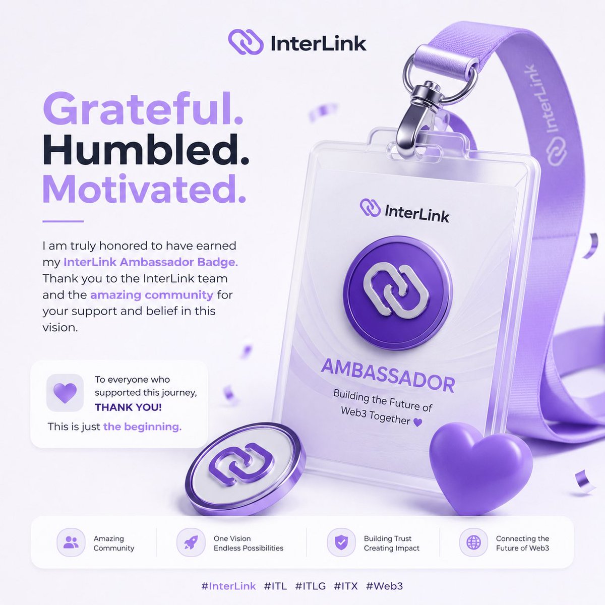sam__silver's tweet photo. I'm grateful for the opportunity to be part of the InterLink journey and proud to continue building, learning, and contributing to the future of Web3. This badge is just the beginning—there's so much more ahead.

#InterLink #InterLinkAmbassador #ITL #ITLG #ITX #Web3 https://t.co/oWvGEsxLFu