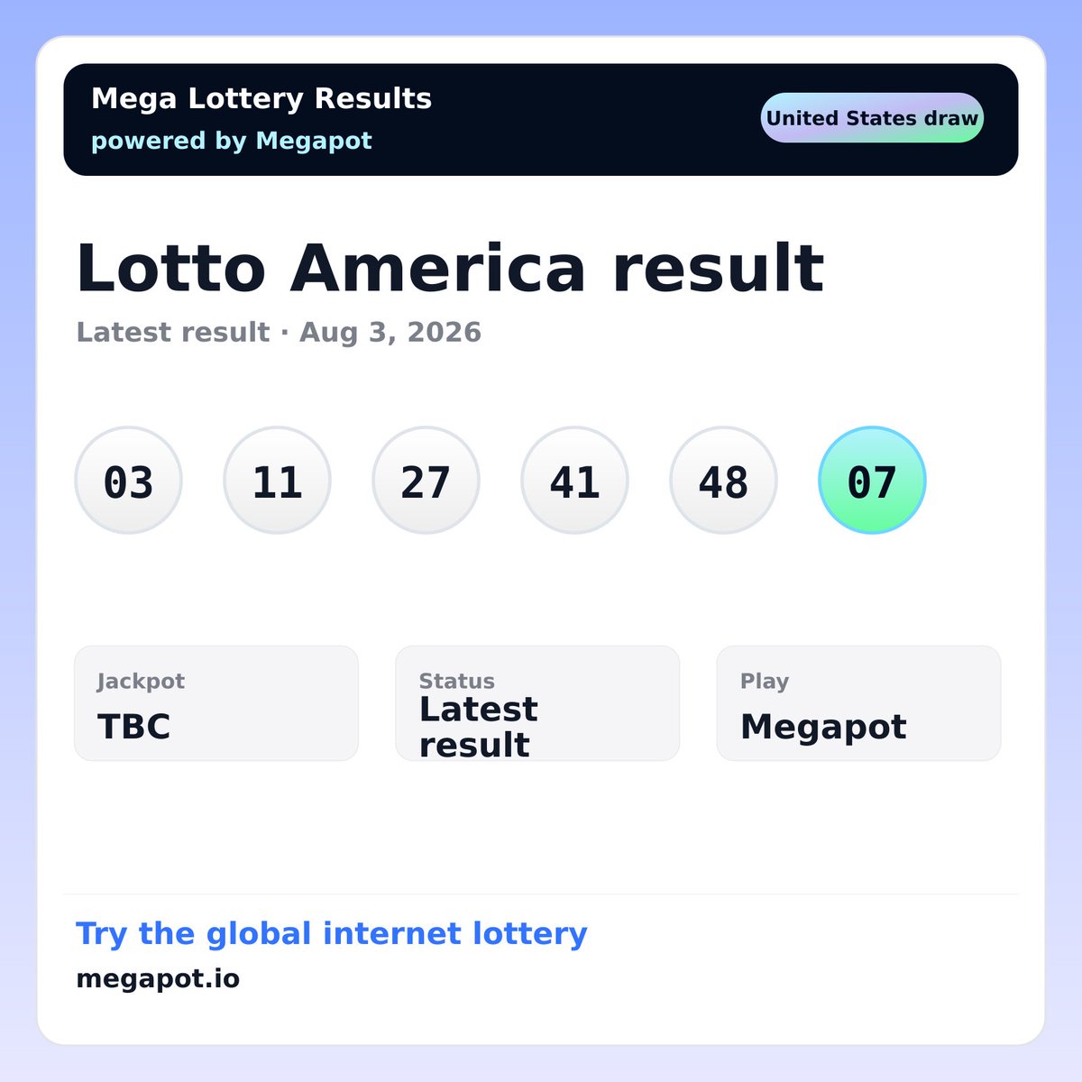 NewportProtocol's tweet photo. Lotto America winning numbers for Monday, August 3, 2026
Numbers: 03 11 27 41 48
Star Ball: 07
Try the global internet lottery: https://t.co/AdfqUWph5K https://t.co/Pp34bGEwEd