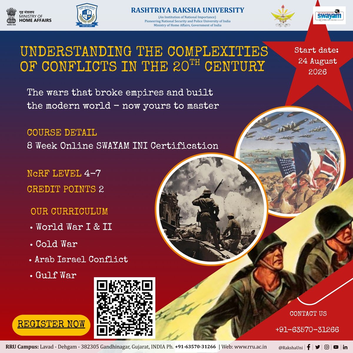 sisdssrru's tweet photo. Understanding the Complexities of Conflicts in the 20th Century.

🎓 8-week SWAYAM INI Certification | SISDSS, RRU
📅 Starts 24 Aug 2026
📚 WWI &amp; II | Cold War | Arab-Israel | Gulf War

Register now 👇
https://t.co/lZ4VlhtOMc

#RRU #SISDSS #SWAYAM #MHA https://t.co/UZMAnGcNQY