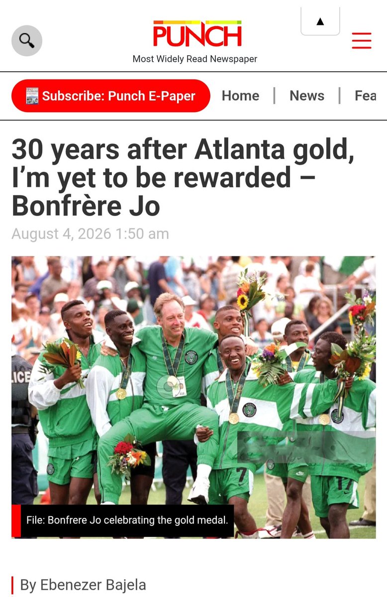 IkeGod_'s tweet photo. This is very wrong! Currently 80 years old, Bonfrere Joe, the Dutch tactician who led the Nigerian Dream Team to win the Atlanta 1996 Olympics has not been compensated 30 years after by the Nigerian Government despite making us proud those hey days?

Some of us recall those two nights of beating football giants like Brazil and Argentina with great nostalgia. In celebration, we shutdown the entire Ajegunle, Lagos State, in celebration. Leading the celebration march across  streets and roadways in Ajegunle that midnight was Baba Fryo (aka Udobi the Lion).

It's very painful that a Nigerian official also stole the gold medal received by Bonfrere Joe on that historic day. A gold medal that symbolised the greatest achievement of his coaching career?

Treating Bonfrere Joe this way is demonic, opprobrious, and insalubrious. 

#JusticeForBonfrereJoe