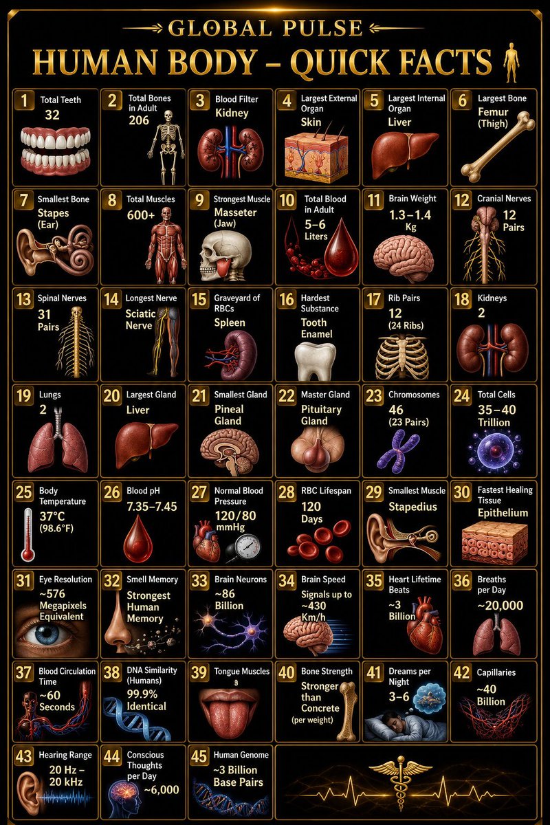 Globalstats_77's tweet photo. Human Body – Quick Facts 🧍‍♂️

1. Total Teeth – 32
2. Total Bones in Adult – 206
3. Blood Filter – Kidney
4. Largest External Organ – Skin
5. Largest Internal Organ – Liver
6. Largest Bone – Femur (Thigh)
7. Smallest Bone – Stapes (Ear)
8. Total Muscles – 600+
9. Strongest Muscle – Masseter (Jaw)
10. Total Blood in Adult – 5–6 Liters
11. Brain Weight – 1.3–1.4 Kg
12. Cranial Nerves – 12 Pairs
13. Spinal Nerves – 31 Pairs
14. Longest Nerve – Sciatic Nerve
15. Graveyard of RBCs – Spleen
16. Hardest Substance – Tooth Enamel
17. Rib Pairs – 12 (24 Ribs)
18. Kidneys – 2
19. Lungs – 2
20. Largest Gland – Liver
21. Smallest Gland – Pineal Gland
22. Master Gland – Pituitary Gland
23. Chromosomes – 46 (23 Pairs)
24. Total Cells – 35–40 Trillion
25. Body Temperature – 37°C (98.6°F)
26. Blood pH – 7.35–7.45
27. Normal Blood Pressure – 120/80 mmHg
28. RBC Lifespan – 120 Days
29. Smallest Muscle – Stapedius
30. Fastest Healing Tissue – Epithelium
31. Eye Resolution – ~576 Megapixels Equivalent
32. Smell Memory – Strongest Human Memory
33. Brain Neurons – ~86 Billion
34. Brain Speed – Signals up to ~430 Km/h
35. Heart Lifetime Beats – ~3 Billion
36. Breaths per Day – ~20,000
37. Blood Circulation Time – ~60 Seconds
38. DNA Similarity (Humans) – 99.9% Identical
39. Tongue Muscles – 8
40. Bone Strength – Stronger than Concrete (per weight)
41. Dreams per Night – 3–6
🩸 Capillaries – ~40 Billion
42. Hearing Range – 20 Hz – 20 kHz
43. Conscious Thoughts per Day – ~6,000
44. Human Genome – ~3 Billion Base Pairs