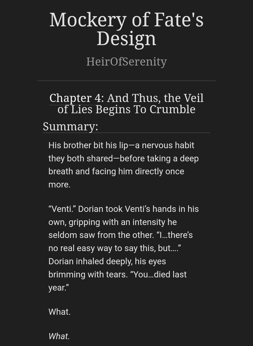 HeirOfSerenity's tweet photo. I know it's been 87 years but I'm finally back with the milk for chapter 4 of my #Zhongven #AndroidAU. Enjoy this massive 11k chapter where things start to go downhill fast for #Venti. ๐
๐ below! https://t.co/kWxSkNwRai