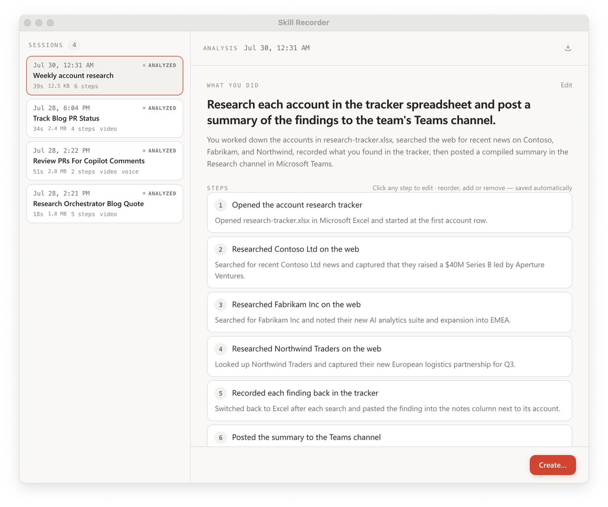 Skill Recorder showing a captured account-research workflow reconstructed into editable ordered steps