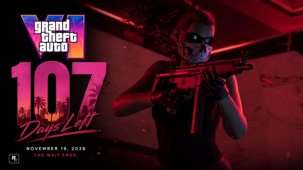 TechAlertNow's tweet photo. GTA VI releases in 107 Days

November 19 2026 🔥🔥

#GTAVI #GTA6 #RockstarGames https://t.co/XVWSdHdRTU