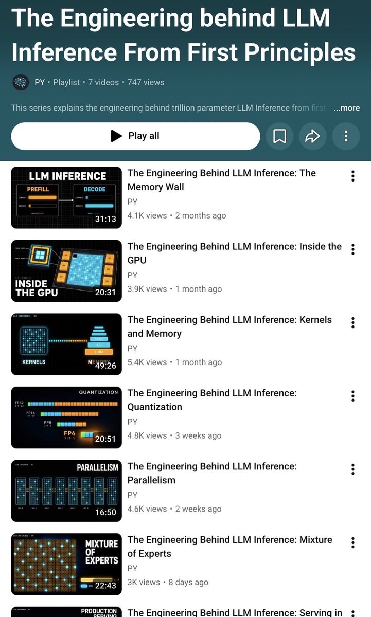 shubh6200's tweet photo. This playlist is super underrated when it comes to understanding the engineering behind trillions parameter LLM inference from first principles by @thecommitlog 

Save it for your weekend watch :
https://t.co/2VNA1WteiU https://t.co/Y7KCPQgcTL