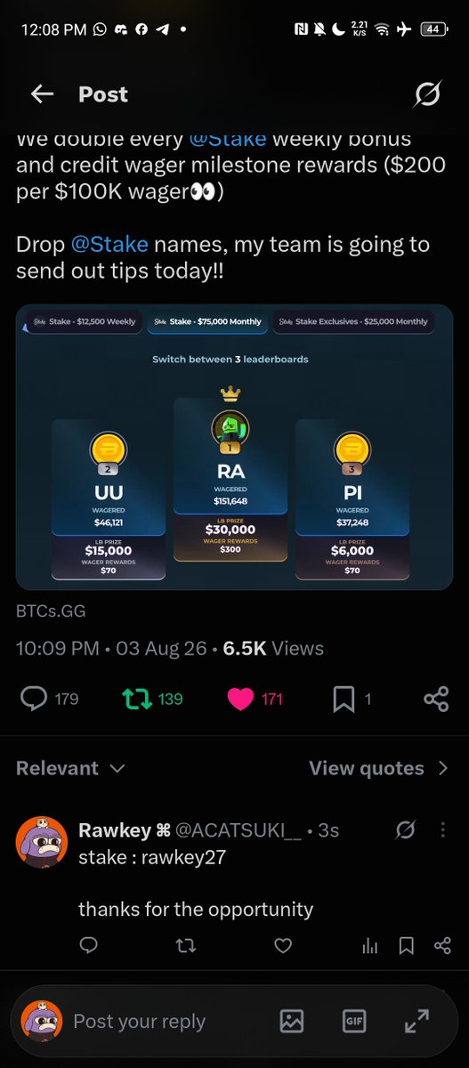 ACATSUKI__'s tweet photo. @BTCsRewards @Stake stake : rawkey27

thanks for the opportunity🙌🙌 https://t.co/cyFfujM9Yr
