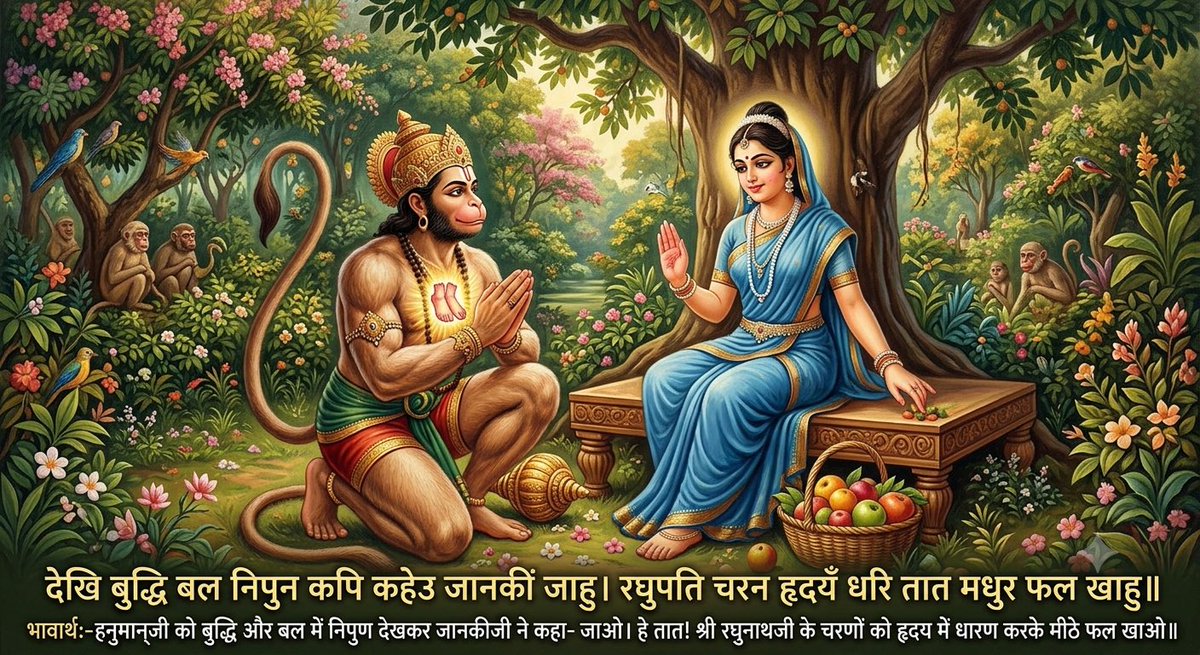 Ramlal's tweet photo. ॥सुंदर कांड॥

देखि बुद्धि बल निपुन कपि कहेउ जानकीं जाहु।
रघुपति चरन हृदयँ धरि तात मधुर फल खाहु॥

भावार्थ:-हनुमान्‌जी को बुद्धि और बल में निपुण देखकर जानकीजी ने कहा- जाओ। हे तात! श्री रघुनाथजी के चरणों को हृदय में धारण करके मीठे फल खाओ॥

#RamCharitManas
#SundarKand https://t.co/Sc8D52WMES