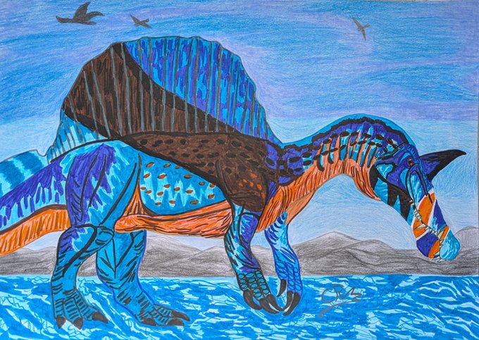 Everything_Dino's tweet photo. Thank you Caldey for sending into @Everything_Dino your wonderful illustration of Spinosaurus mirabilis. 
#dinosaurs #EverythingDinosaur #dinosaurdrawings
#Spinosaurusmirabilis https://t.co/8lxrAqTCZ7