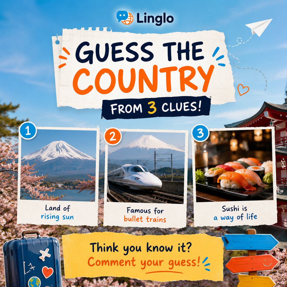 lingloapp's tweet photo. Can you guess the country from these 3 clues? 👀🌏

🌅 Land of the Rising Sun
🚄 Home of the world-famous bullet trains
🍣 Where sushi is more than just food—it's a tradition.

https://t.co/TZozgUmZ1h https://t.co/799cQ56EWw