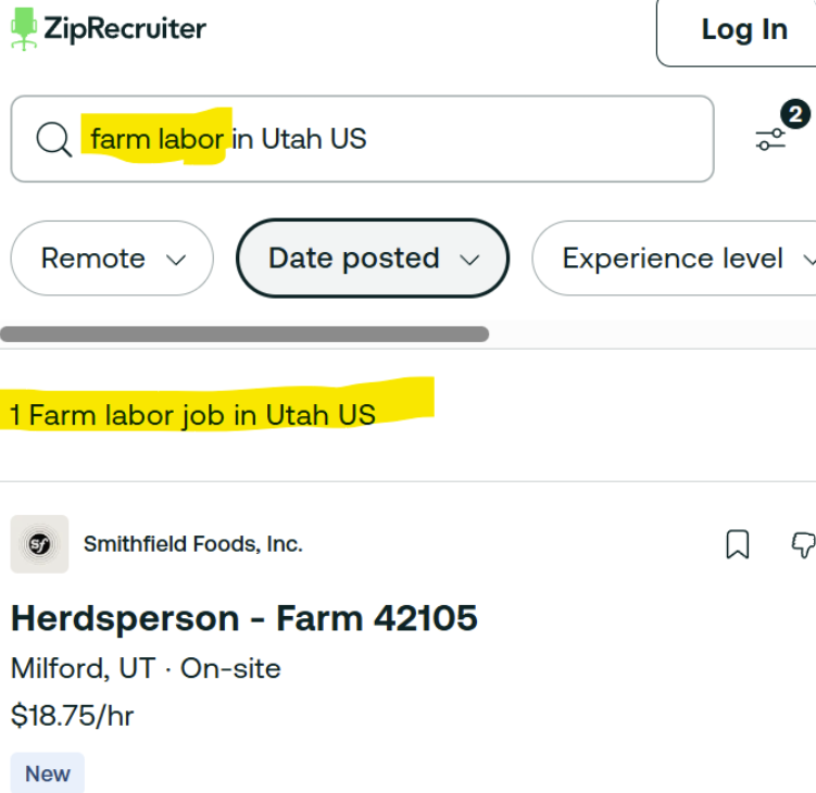 chancy_luck's tweet photo. One farm labor job posted on one of the biggest job sites in America in the last 30 days. 

Either the farmers and ranchers of Utah forgot how to recruit and hire Americans or labor shortage talk is all Soviet level propaganda. https://t.co/DpaMO6LWjF