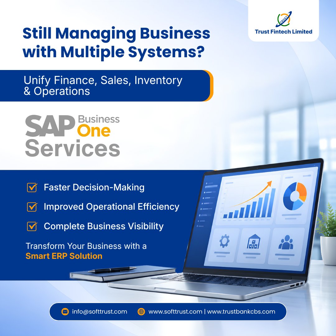 Trust_Fintech's tweet photo. Still juggling multiple business systems?

Bring finance, sales, inventory, and operations together with SAP Business One Services. One platform. Smarter decisions. Better efficiency.

#TrustFintech #SAPBusinessOne #SmartERP #BusinessAutomation #DigitalBusiness https://t.co/QgZuWaGJpS