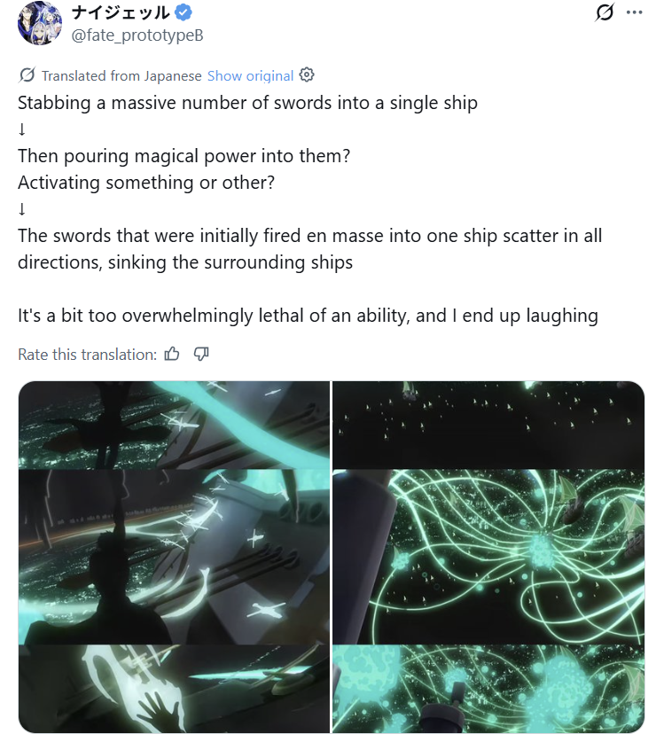 Anon_Lurker27's tweet photo. Stabbing a massive number of swords into a single ship
↓
Then pouring magical power into them?
Activating something or other?
↓
The swords that were initially fired en masse into one ship scatter in all directions, sinking the surrounding ships

It's a bit too overwhelmingly le https://t.co/U0JstmIfBf