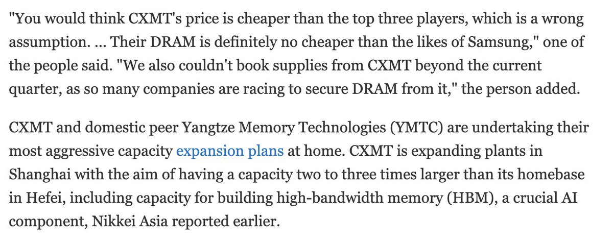 jukan05's tweet photo. "You would think CXMT's price is cheaper than the top three players, which is a wrong assumption. ... Their DRAM is definitely no cheaper than the likes of Samsung,"

🤣 https://t.co/VzZkQ7XZg1