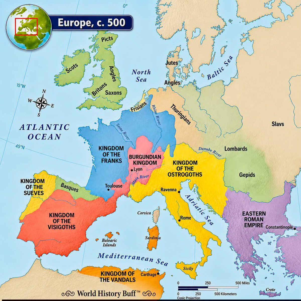 archeohistories's tweet photo. Europe in 500 AD: Rome Had Fallen in the West, but Its World Refused to Die

Imagine standing somewhere in Europe in the year 500 AD... 

The last western emperor had been removed only twenty four years earlier. Roman armies no longer guarded every frontier, imperial taxes were no longer collected from Britain to Spain and Germanic kings now ruled many lands that had once answered to Rome. Yet the Roman world had not suddenly vanished. Roads still connected ancient cities, senators still owned enormous estates, Latin remained the language of law and government and Christian bishops increasingly performed responsibilities once handled by imperial officials.

Europe was not entering complete darkness.

It was passing through one of the greatest transformations in its history. Roman institutions were being inherited by new rulers. Germanic peoples were creating kingdoms inside former imperial provinces. Christianity was spreading through courts and villages. Migrating populations were changing the languages, borders and identities of entire regions.

The Europe of 500 was neither fully Roman nor recognizably medieval. It was a continent caught between two worlds.

The Western Roman Empire Was Gone, but Rome Was Everywhere

In 476, the Germanic military commander Odoacer removed the young emperor Romulus Augustulus from power. Historians often use this event to mark the fall of the Western Roman Empire, but the people living through it did not awaken the following morning believing that Roman civilization had ended.

The imperial court in the West disappeared, yet Roman culture remained deeply rooted across Italy, Gaul, Iberia and North Africa. Local officials continued using Roman legal traditions. Landowners still managed estates that had existed for generations. Cities remained organized around churches, marketplaces, defensive walls and old public buildings. Latin continued to dominate administration, religion and education.

The new Germanic rulers understood that Roman authority still carried enormous prestige. They adopted Roman titles, issued laws in Latin, employed Roman officials and presented themselves as protectors rather than destroyers of the imperial order. In many regions, the transition from Roman emperor to Germanic king changed the political leadership more quickly than it changed everyday life.

Rome had lost its western emperor.

It had not yet lost its civilization.

There Was No France, Germany, Spain or England

The modern nations familiar to us did not exist in 500. Western Europe was divided among kingdoms created by Franks, Visigoths, Ostrogoths, Burgundians and Suebi. Their borders were unstable, and rulers frequently expanded through warfare, marriage alliances and the absorption of weaker neighbors.

These peoples were often described by Roman writers as barbarians, but they were not culturally identical and did not arrive as one united invasion. Some had served in Roman armies for generations. Others had crossed the imperial frontiers while fleeing the Huns or searching for land and security. Many of their leaders had already adopted Roman military titles, Christian beliefs and elements of imperial culture before establishing independent kingdoms.

The political map of 500 was therefore not simply Roman territory replaced by foreign tribes. It was a complicated world in which Germanic warrior elites ruled large Roman populations while gradually becoming part of the civilization they had inherited.

Italy Was Ruled by Theodoric the Great

Italy, the ancient heartland of Roman power, was ruled by the Ostrogothic king Theodoric the Great. After defeating Odoacer, Theodoric established his capital at Ravenna and governed a kingdom that included Italy and parts of the western Balkans.

© World History Buff 

#archaeohistories
