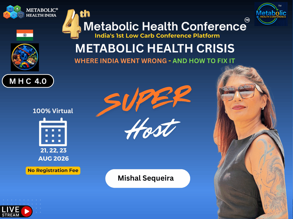MetabolicHConf's tweet photo. 🎤 Super Host Announcement

We are delighted to welcome Mishal Sequeira as the Super Host for the 4th Metabolic Health Conference (MHC 4.0).

With her energy, warmth, and engaging style, Mishal will guide us through three exciting days of insightful discussions, as we explore this year's theme

Join us as leading experts from India and around the world come together to discuss this year's theme:

"Metabolic Health Crisis: Where India Went Wrong - and How to Fix It."

📅 21–23 August 2026
🌐 100% Virtual
🎟️ No Registration Fee

We look forward to welcoming you to MHC 4.0.

The registration and joining link will be shared shortly. Watch this space!

@FastingCoach_MS 
@shashiiyengar