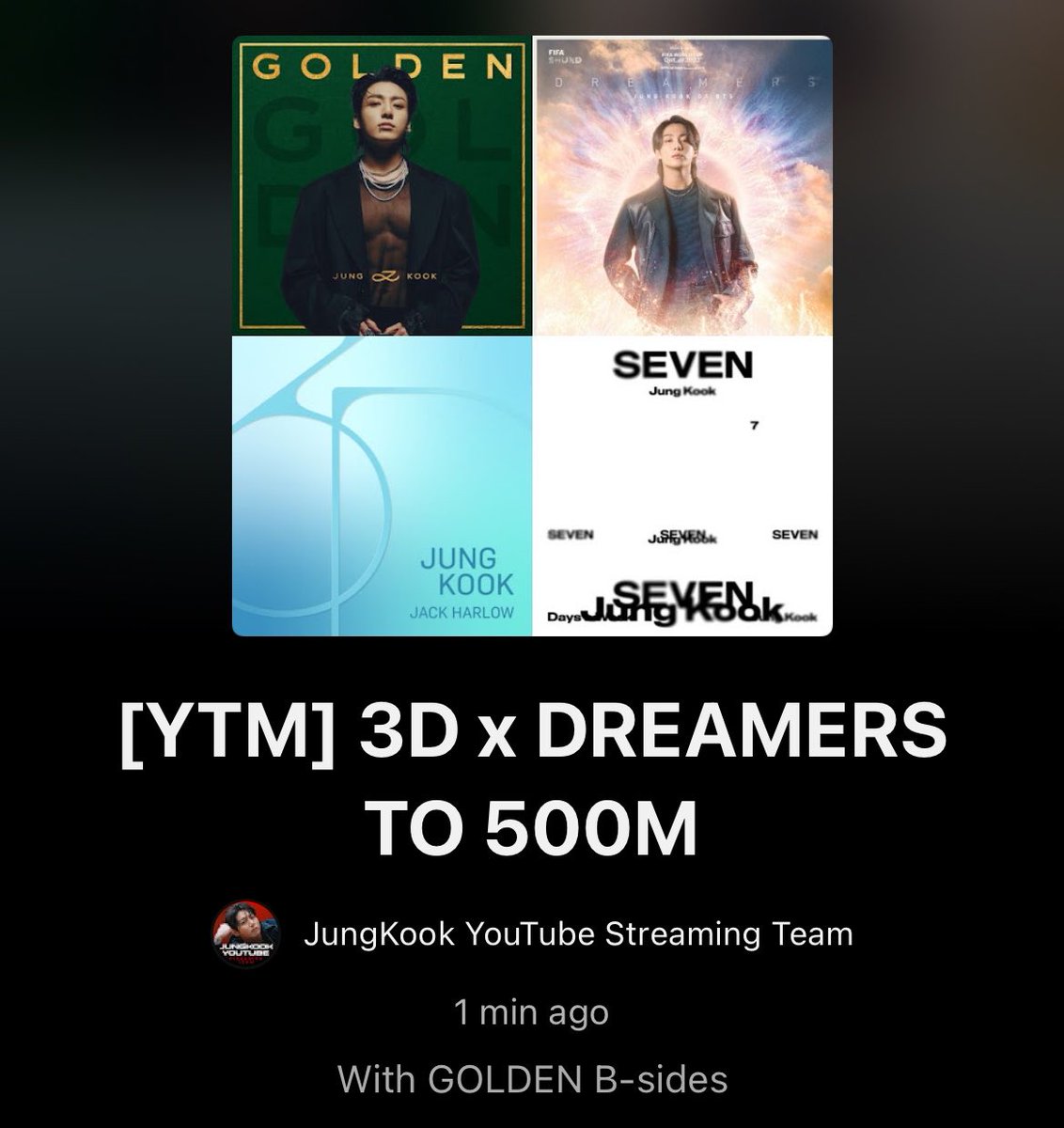 JungKook_Scener's tweet photo. We just celebrated ‘Standing Next to You’ hitting 500M plays on YouTube Music! 🎉 
Now, let’s make ‘3D’ and ‘Dreamers’ the next songs to join the 500M club. Let’s keep supporting Jungkook together! ❤️

Save &amp; Stream✅
🆕 Playlist: https://t.co/ozCOwnVDo9 https://t.co/Y4d0QKPTm7