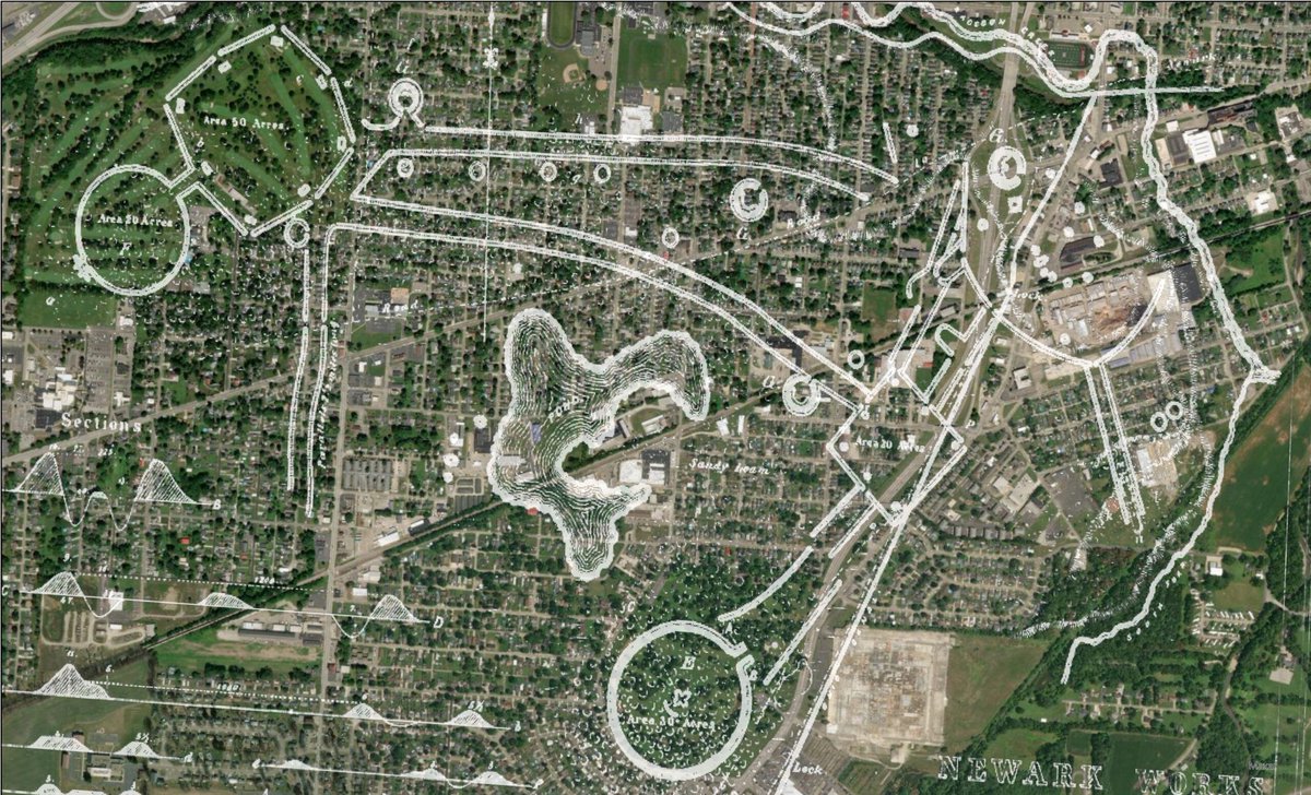nmlinguaphile's tweet photo. The Newark Earthworks in Newark and Heath, Ohio, stand as the largest known complex of geometric earthen enclosures in the world. 

Built by the people of the Hopewell culture roughly between 100 BCE and 400 CE, these massive structures were created by communities who lived in small, scattered settlements across the Ohio River Valley. “Hopewell” is simply the name archaeologists gave them; we don’t know what they called themselves. They weren’t a single unified tribe or empire, but rather a network of related groups who shared ceremonies, trade, and cultural practices across a wide region. Their descendants include many modern Native nations with ties to Ohio, such as the Shawnee, Delaware, Miami, Potawatomi, Ottawa, Seneca, and Wyandot.

Originally the complex stretched across more than four square miles. To build it, people moved an estimated seven million cubic feet of earth—about twenty-one million basket loads—using only digging sticks and baskets. The walls and embankments were carefully layered and engineered with remarkable skill. Today only a fraction remains, roughly 206 acres, preserved in three main sections.

The Great Circle is nearly 1,200 feet across, large enough to fit several football fields or even the Great Pyramid of Giza inside its walls. Those walls rise as high as fourteen feet in places and are paired with a deep interior ditch. At its center sits Eagle Mound. 

Nearby, the Octagon Earthworks feature an eight-sided enclosure covering about fifty acres, connected by parallel walls to a nearly perfect circle about 1,054 feet in diameter known as the Observatory Circle. A small remnant of a square enclosure, called the Wright Earthworks, also survives. Much of the rest of the original complex—including a large oval filled with burial mounds, a square, and long parallel-walled avenues—was destroyed over the centuries by farming, canals, railroads, and the growth of the city. For more than a hundred years a golf course even sat on top of the Octagon, though public access has expanded significantly in recent years.

What makes the site especially remarkable is how precisely it was designed. The Octagon and Observatory Circle align with the moon’s 18.6-year cycle, tracking key rising and setting points across that long lunar period. Researchers in the early 1980s showed that the northernmost moonrise lines up almost perfectly with the main axis of the earthworks. The geometry itself is equally impressive—certain measurements repeat across different structures, and the overall layout reveals sophisticated mathematical relationships. 

Archaeologist Bradley Lepper has compared the builders’ geometric and astronomical understanding to that of the ancient Greek mathematicians.

This was clearly a major gathering place. People traveled here from across eastern North America for ceremony, social connection, trade, and the honoring of the dead. They brought exotic materials from great distances: copper from the Great Lakes, mica from the Appalachians, marine shells and shark teeth from the Gulf and Atlantic coasts, and obsidian from the Rocky Mountains—some of it traveling more than a thousand miles. Different parts of the complex likely served different roles within a larger sacred landscape, connected by processional avenues that may once have linked to even longer roads.

The entire complex stands as powerful evidence of advanced planning, large-scale cooperation, deep knowledge of the sky, and skilled engineering—all achieved without metal tools, the wheel, or draft animals. What remains is carefully managed by the Ohio History Connection and open to visitors, offering a rare and direct connection to this extraordinary Indigenous achievement.

This map overlay shows the original full complex on top of modern Newark: