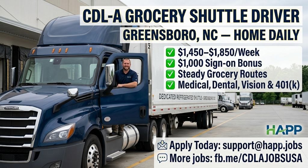 CDLAJobsUSA's tweet photo. CDL-A Grocery Shuttle Driver — Greensboro, NC
🏠 Home Daily
💰 $1,450–$1,850/week
🎁 Up to $1,000 Sign-On Bonus
✅ Dedicated reefer freight
✅ Weekly pay + benefits
✅ Day cab tractors
Apply 👇
https://t.co/cTrVn1mzsi
#CDLA #GreensboroNC #TruckDriver #HomeDaily https://t.co/9cVqU2pBQ1