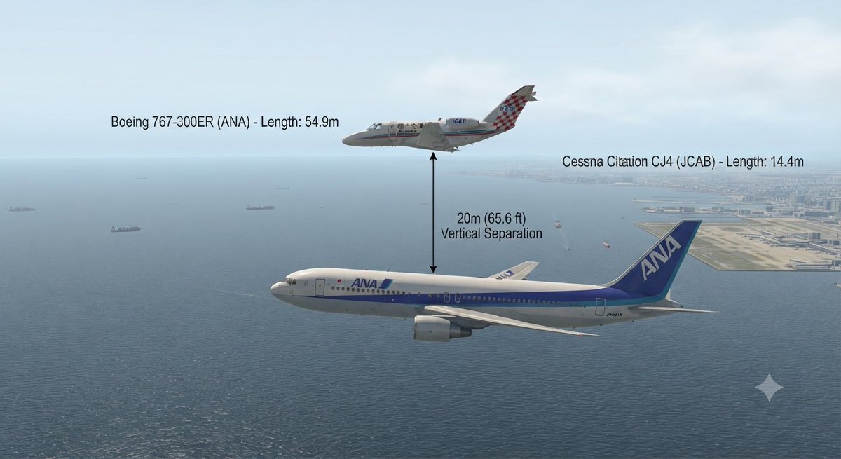 ogatti's tweet photo. 今朝の羽田空港で発生した、ANAの767と国土交通省のチェックスター（飛行検査機）のニアミス、スケール感からこんな感じ？
下手すると垂直尾翼に接触するレベル…
怖いな… https://t.co/zLIrpvnlSU