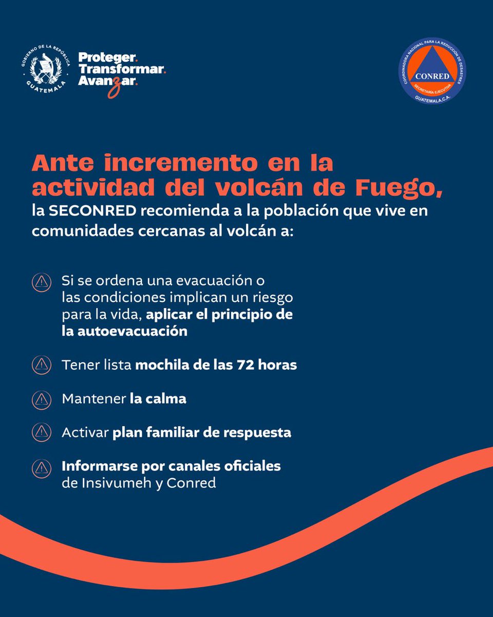 GuatemalaGob's tweet photo. Equipos del Sistema CONRED ya se encuentran en la zona realizando acciones de monitoreo, coordinación y atención preventiva para proteger a la población ante el incremento de la actividad del volcán de Fuego. https://t.co/js3FmUbrwn