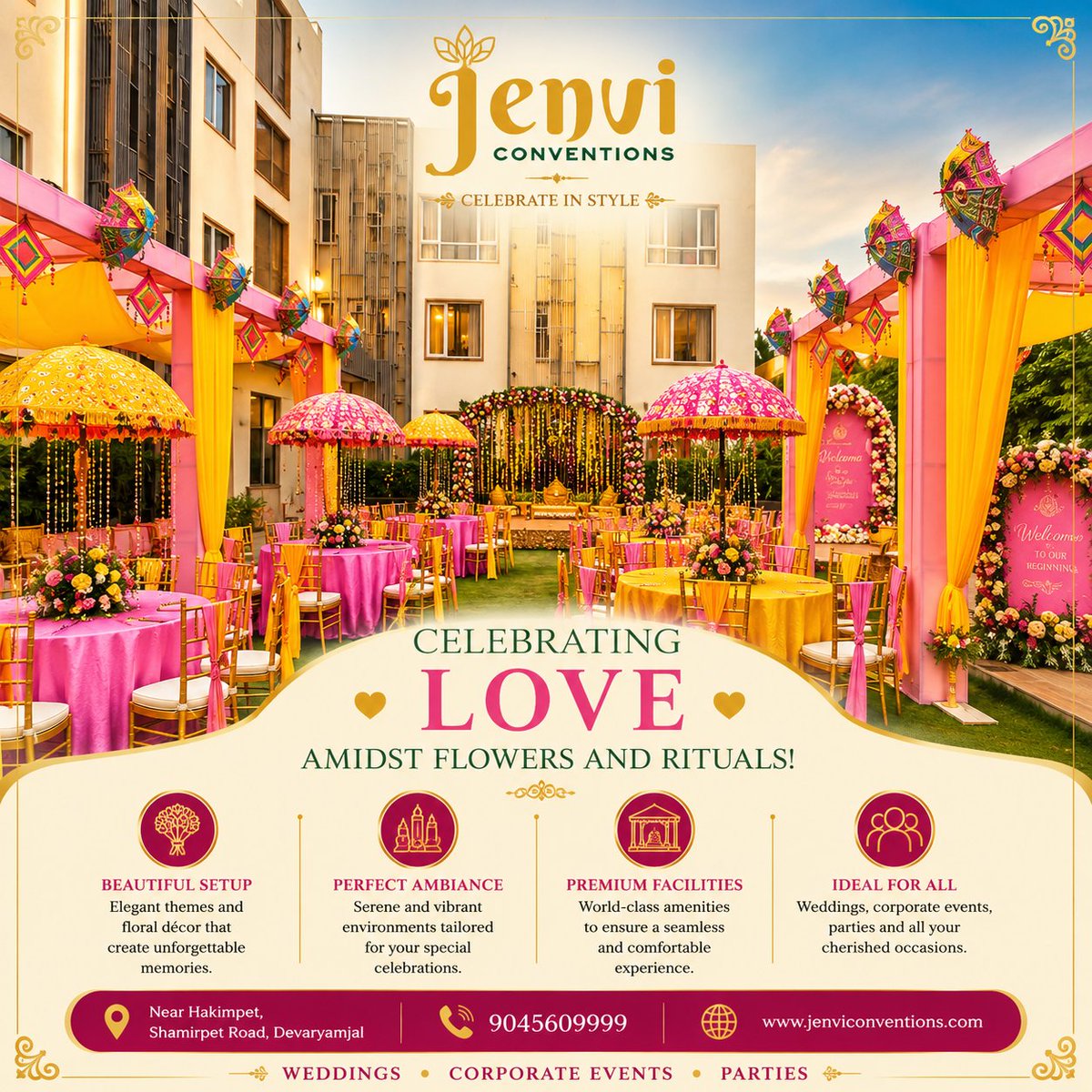 JenviConvention's tweet photo. Celebrating love amidst flowers and rituals!

Contact us now &amp; Book your slots in advance: 9045609999

Location: Devaryamjal, Near Hakimpet, Shamirpet Road  

#BanquetHall #JenviConventions #Haldi #MiniLawn #WeddingVenue #CorporateEvents #Parties #Seating #Decoration https://t.co/NyWZb52eh9