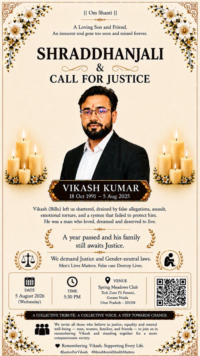 NCMIndiaa's tweet photo. 34 years old IT Engineer Vikash Kumar from Noida in UP ended his life on 5th Aug 2025 because of torture and harassment by his wife and in-laws. His aged parents are still fighting to demand justice for their son, even after a year of his death.
Let's join on 5th Aug 2026, 5.30 pm at Spring Meadows Club, Tech Zone IV, Patwari, Greater Noida, Ph: 9990588768 to demand Justice for Vikash and hundreds of other Men who are ending their lives on a daily basis because of women centric gender biased laws of our country.
#JusticeIsDue
